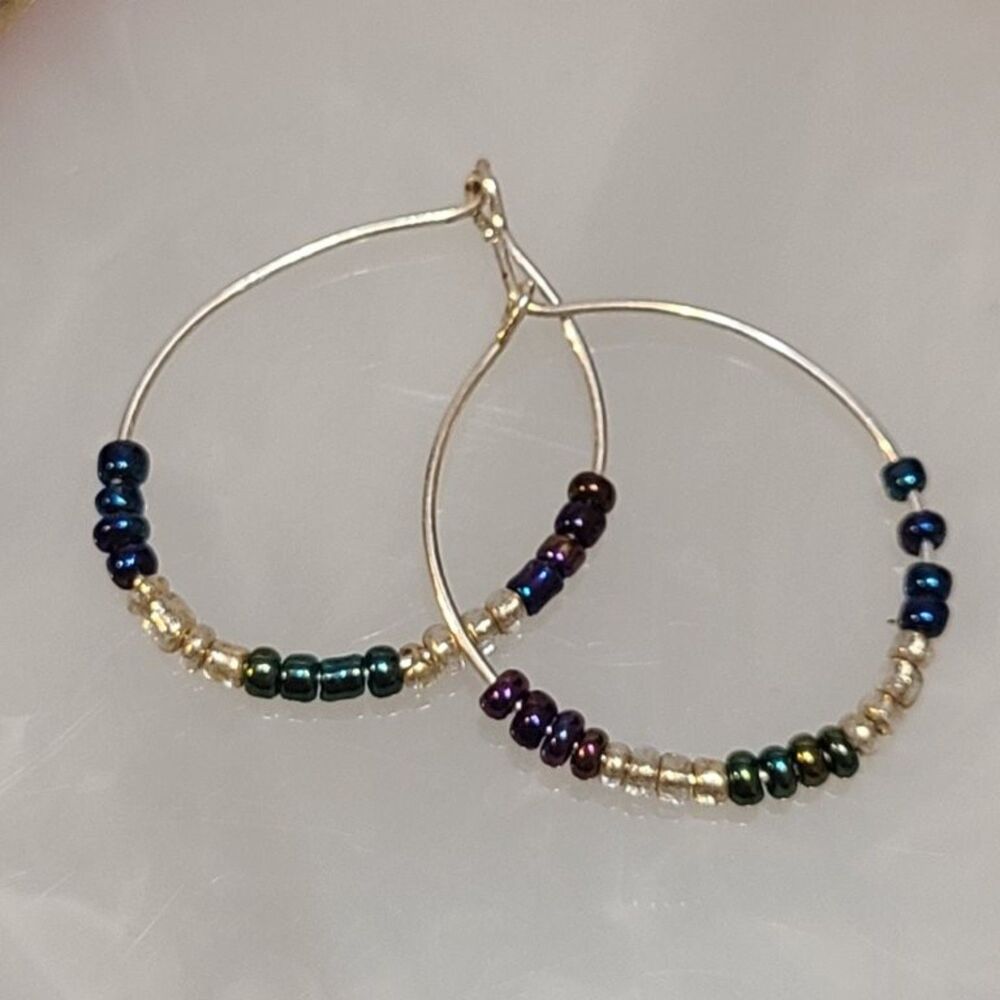 Multicolor Seed Bead Hoop Earrings Silver Tone Wire Boho Circle Drop Jewelry